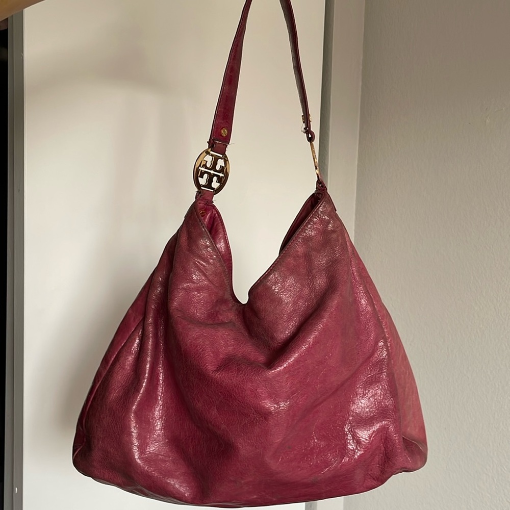 Tory Burch pink magenta purple leather hobo bag tote
